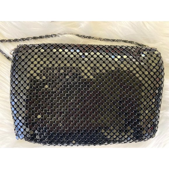 Vintage 60s Black Purse Metallic Mesh Crossbody Evening Bag Metal Strap 7" X 5" - Picture 8 of 12